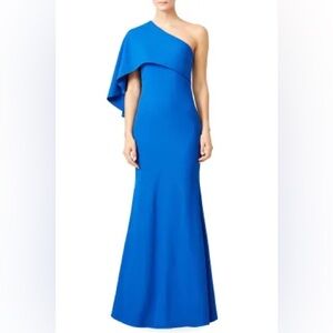 Mignon Blue One Shoulder Caped Gown
